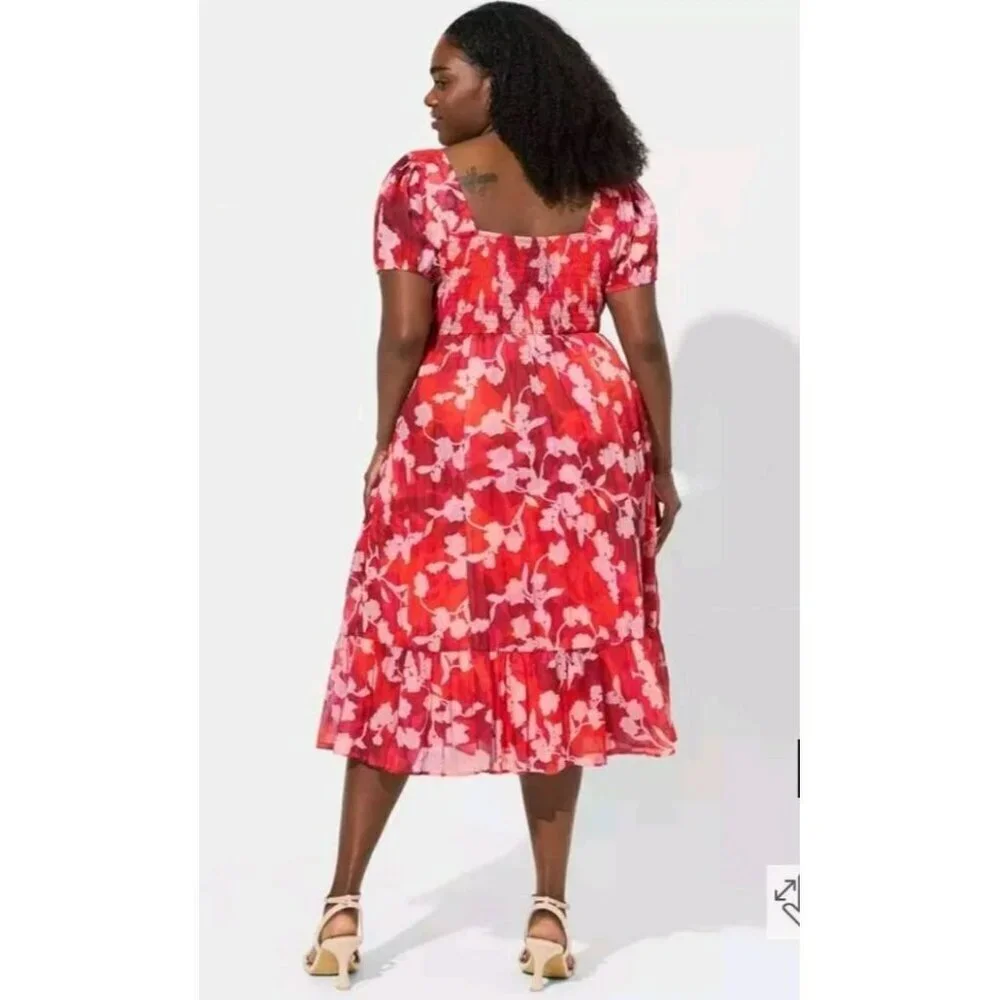 TORRID Floral Midi Dress Size 3X Smocked Lace Up Clip Dot Ruffled Empire Waist - Picture 5 of 6